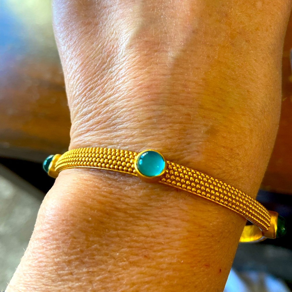 Bundle- 3 Julie Vos Gold Bracelets. One with Teal Cabochons, 2 gold ( no gem).